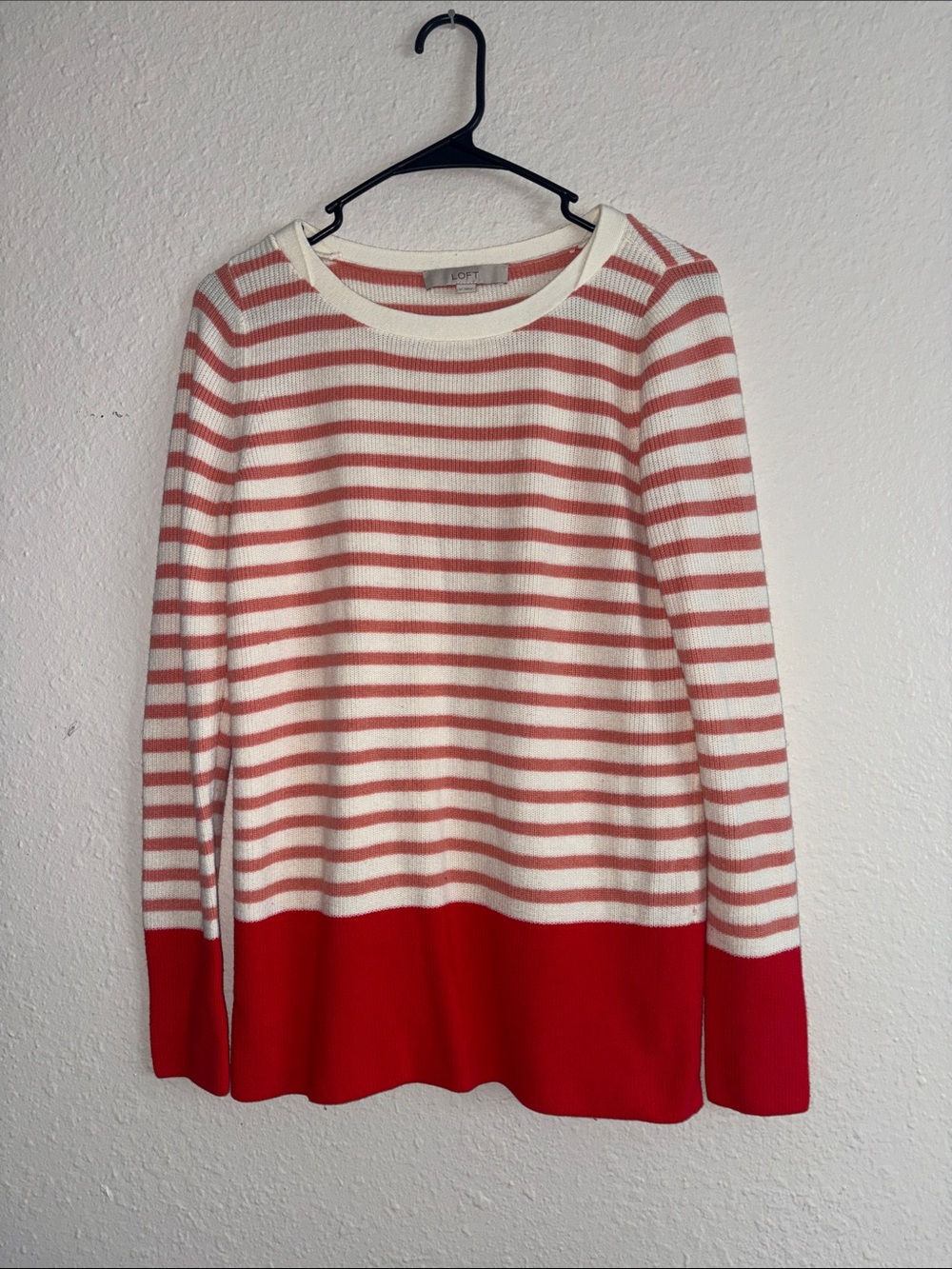 Striped Crewneck Sweater in Cream and Coral with Red Hem